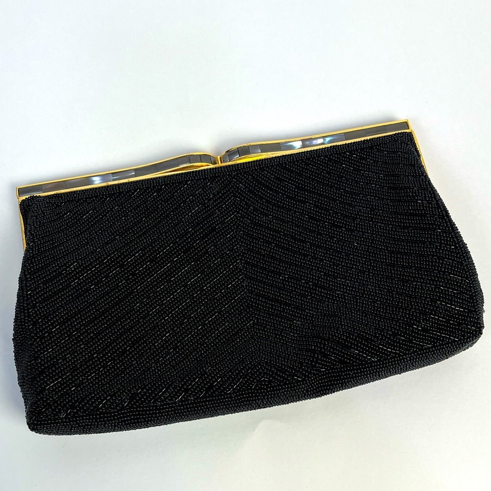 Stunning Vintage Black Beaded Clutch w / Mother of Pearl Channeled Snap Closure
